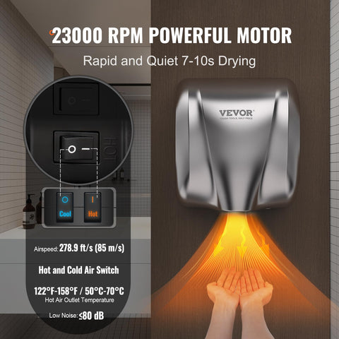 Heavy Duty Commercial Hand Dryer 1300W Automatic High Speed Stainless Steel Warm Wind Wall Mounted 120V in action with features details