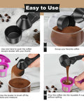 Coffee Scoop With Leveling Funnel For Reusable K Cup Pods And Ground Coffee Measuring Spoon 2 Tablespoon Capacity Perfect For Ground Coffee Tea And Protein Powder No Spill Mess Free Refill Demonstrating Use