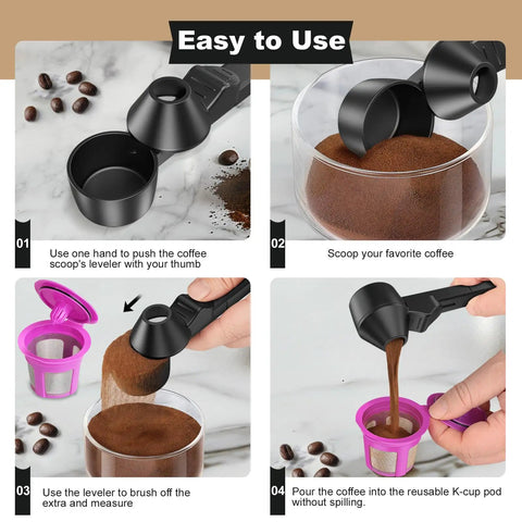 Coffee Scoop With Leveling Funnel For Reusable K Cup Pods And Ground Coffee Measuring Spoon 2 Tablespoon Capacity Perfect For Ground Coffee Tea And Protein Powder No Spill Mess Free Refill Demonstrating Use