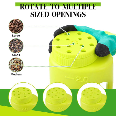 Handheld Lawn Spreader Kit For Grass Seed Fertilizer Ice Melt And Sand Includes Scoop And Gloves shown with adjustable openings
