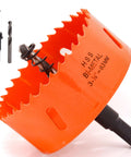 Koopi 3-1/4 in orange HSS bi-metal hole saw with arbor and drill bit, front view
