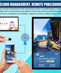 Next Level Wall Mounted Versatile Digital Billboard Display Featuring Kick Ass Smart Screen Tech With Instant Split Mode And Automatic Timer For Sharp Graphics. Image shows remote management of ads via mobile.
