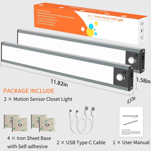 Motion Sensor Closet Lights Wireless Under Cabinet No Fuss Night Lights Kit With Magnetic Strip 3 Color Dimmable Rechargeable Battery Operated 2 Pack For Kitchen Bedroom And Stairs packaging with contents