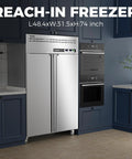 Built Tough Commercial Reach In Refrigerator And Freezer Combo 48 Inch Wide Stainless Steel 36 Cubic Foot Dual Zone Upright Cooler in kitchen.