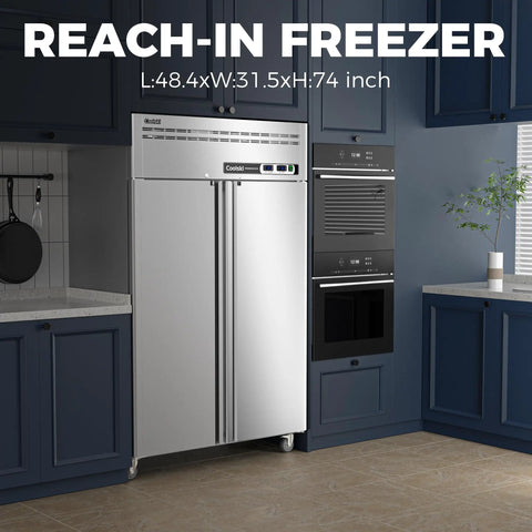 Built Tough Commercial Reach In Refrigerator And Freezer Combo 48 Inch Wide Stainless Steel 36 Cubic Foot Dual Zone Upright Cooler in kitchen.