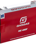 Packaging of GasGas MC 450F One Twelfth Scale Diecast Motorcycle Model In Red Real Rubber Tires Wheels Roll And Steer Official Licensed Collectible Bike