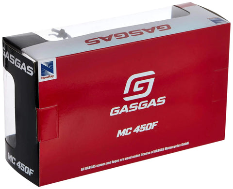 Packaging of GasGas MC 450F One Twelfth Scale Diecast Motorcycle Model In Red Real Rubber Tires Wheels Roll And Steer Official Licensed Collectible Bike