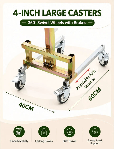 4-inch large casters on a manual lift with 360° swivel feature and locking brakes for easy movement.