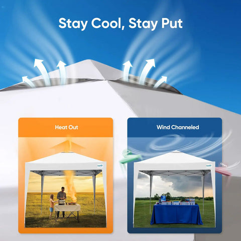 10x10 Pop Up Canopy Tent Without Sidewalls, Instant Setup Gazebo For One Person with ventilation system; heat out and wind channeled features.