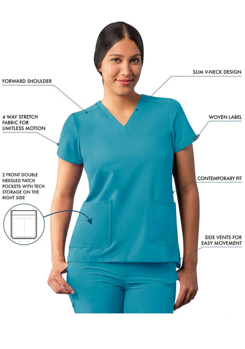 Fresh Fit V Neck Scrub Tops For Women All Day Comfy Teal Blue Addition Collection Uniforms Nurses Doctors Student Quick Dry Stretch Fabric Rock It Daily On Your Next Shift Today, front view with pockets.