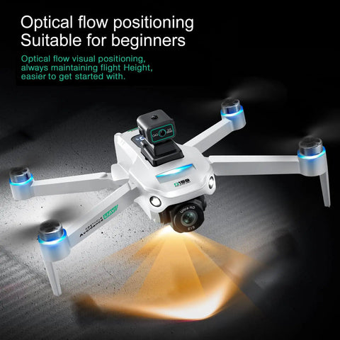 White 4K GPS Camera Drone With Obstacle Avoidance and Auto Return, night LED lights illuminated in flight, dual camera version.