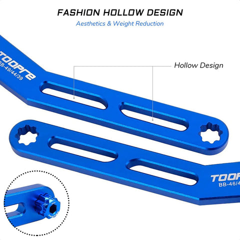 Close-up of Six In One Bike Bottom Bracket Tool For 12 And 16 Notch External Cups featuring blue hollow design for weight reduction.