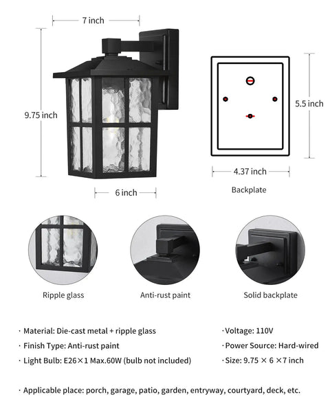 Black Outdoor Wall Lights Set Waterproof Patio Sconces Crafted From Rust Resistant Die Cast Metal And Tempered Wave Glass Ideal For Backyards And Entryways Sleek Modern Build That Braces Against Snow And Rain Hella Tough Construction Set Of Two, showcasing dimensions and features.
