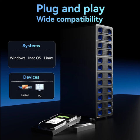 Sleek 12 Bay Aluminum Hard Drive Enclosure With Rapid Cooling Fan For 2.5 And 3.5 Inch SATA HDD Or SSD Via USB Type A And C 3.0, showcasing compatibility.
