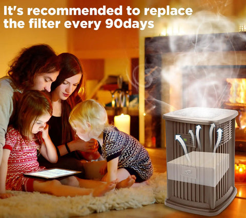 Family using a humidifier near fireplace, suggesting use of Essick 1043 Humidifier Wick Filter Replacement For Space Saver 800 8000 Series.