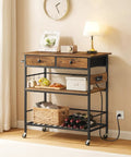 Rolling Kitchen Island With Storage, Movable Cart With Two Drawers And Built In Outlet, Three Tier Coffee Station And Microwave Stand