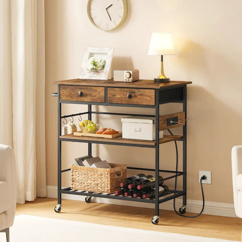Rolling Kitchen Island With Storage, Movable Cart With Two Drawers And Built In Outlet, Three Tier Coffee Station And Microwave Stand