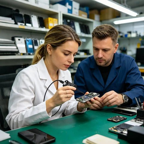 Technicians using Electromagnetic Inductance Tester Kit For Motherboards And Car Electronics in a workshop, examining a device.