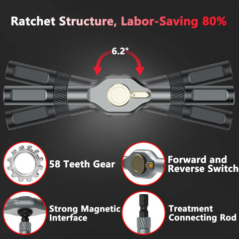 24 In 1 Magnetic Screwdriver Set With Detachable Handle And Ratchet showing 58-teeth gear and forward/reverse switch.