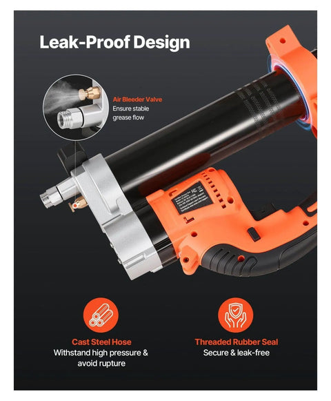 Cordless Grease Gun 80,000 PSI 20V Electric Tool Only with leak-proof design showing air bleeder valve and cast steel hose