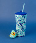 Two Pack 20 Oz Stainless Steel Tumbler With Pop Topper And Straw Interchangeable Character Topper For Your Personal Style BPA Free Insulated Cup With Leak Resistant Lid Vacation Marble Design Reusable Travel Cup on blue background