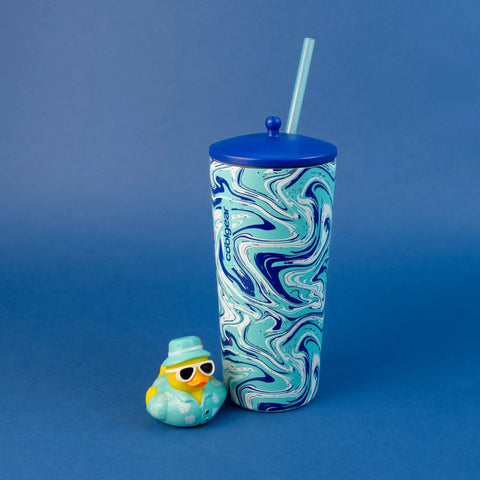 Two Pack 20 Oz Stainless Steel Tumbler With Pop Topper And Straw Interchangeable Character Topper For Your Personal Style BPA Free Insulated Cup With Leak Resistant Lid Vacation Marble Design Reusable Travel Cup on blue background
