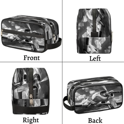 Travel Toiletry Bag For Men Women Kids Waterproof Dopp Kit Organizer with airplane design, shown front and side views