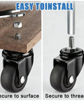 1 Inch Swivel Caster Wheels Set Of 4 With M6 Threaded Rods showing installation details on a wooden surface for easy attachment.