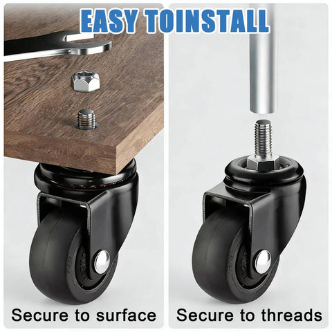 1 Inch Swivel Caster Wheels Set Of 4 With M6 Threaded Rods showing installation details on a wooden surface for easy attachment.