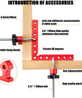 Four Pack 90 Degree Corner Clamps For Woodworking Pro Grade Aluminum Right Angle Clamps 5.5 Inch By 5.5 Inch Precision Jigs For Picture Frames Cabinets Boxes And Drawers That Pull Tight Every Time, red aluminum corner clamp on wood with bolt and scale