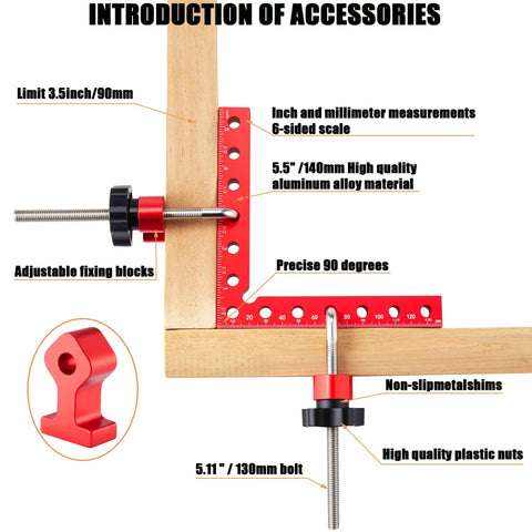 Four Pack 90 Degree Corner Clamps For Woodworking Pro Grade Aluminum Right Angle Clamps 5.5 Inch By 5.5 Inch Precision Jigs For Picture Frames Cabinets Boxes And Drawers That Pull Tight Every Time, red aluminum corner clamp on wood with bolt and scale