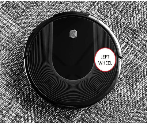 Top view of robotic vacuum with left wheel highlighted. Left Wheel Replacement For RoboVac 11S 11S Max 15T 30 30C 15C 15C Max 12 35C High Performance Robotic Vacuum Wheel Easy Install Durable Black Wheel To Extend Life And Keep Your Cleaner Rolling Smoothly.