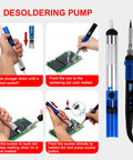 80W Soldering Iron Kit With Multimeter And LCD Temperature Display, hands using desoldering pump on PCB and tools seen
