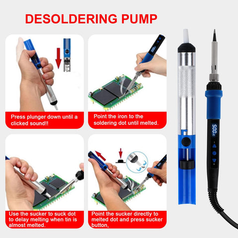 80W Soldering Iron Kit With Multimeter And LCD Temperature Display, hands using desoldering pump on PCB and tools seen