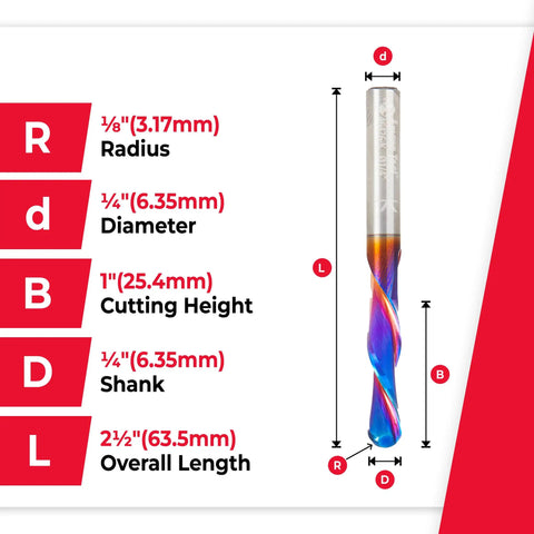 Spektra Extreme Tool Life Coated Down-Cut Ball Nose Router Bit 1/8 Radius, 1/4 Diameter, 1/4 Shank, 2-1/2 Inch Long CNC Carving Bit With Nanocomposite Coating For Sharp, Heat-Resistant Performance Made In USA with labeled dimensions