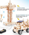 4 In 1 Wood Building STEM Kit for Kids 8 to 12 with tower crane and solar-powered truck visible
