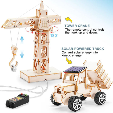 4 In 1 Wood Building STEM Kit for Kids 8 to 12 with tower crane and solar-powered truck visible