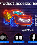 Racing Car Neon Sign Wall Decor With Dynamic LED Glow includes metal chain, seamless hooks, USB connector; size 37x21cm.