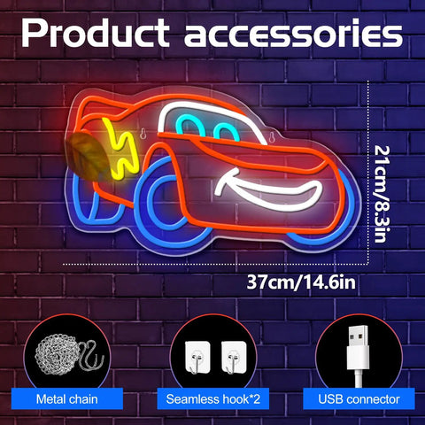Racing Car Neon Sign Wall Decor With Dynamic LED Glow includes metal chain, seamless hooks, USB connector; size 37x21cm.