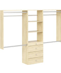 Wall Mounted Closet Organizer With Deep Shelves And Drawers Heavy Duty Laminated Wood Wardrobe System For Sweaters And Coats, light wood finish, chrome hardware.