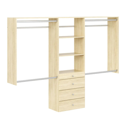 Wall Mounted Closet Organizer With Deep Shelves And Drawers Heavy Duty Laminated Wood Wardrobe System For Sweaters And Coats, light wood finish, chrome hardware.