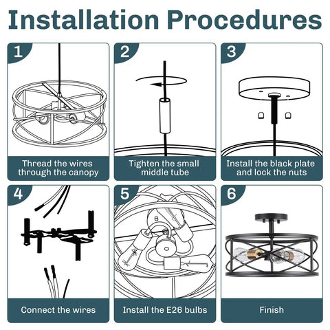 Installation guide for Three Light Semi Flush Mount Ceiling Light With Industrial Modern Farmhouse Style And Metal Cage 14 Inch Wide