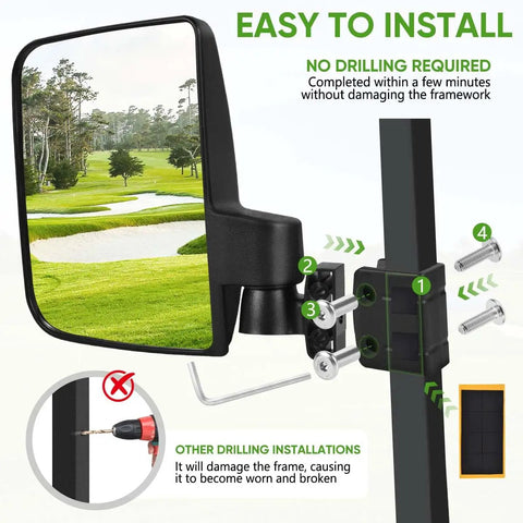 Heavy Duty Golf Cart Rearview Mirror No Drill Required Folding Adjustable 180 Degrees showing installation details on a golf course.