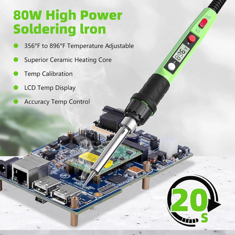 80W High Power Soldering Iron Kit with Digital LCD Temperature Display Ceramic Heater Quick Heat In 20 Seconds Pro Grade Adjustable 180-480 C Portable Welding Tool
