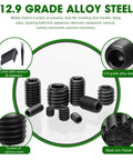500 Piece Black Alloy Steel Set Screw Kit With Twenty Five Sizes Metric And SAE displayed with hex keys and screws