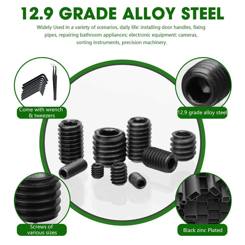 500 Piece Black Alloy Steel Set Screw Kit With Twenty Five Sizes Metric And SAE displayed with hex keys and screws