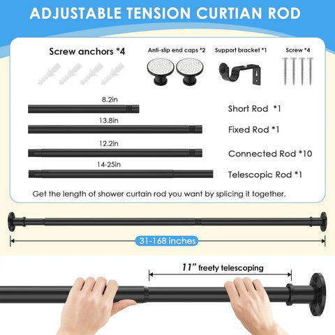 Extra Long Tension Curtain Rod No Drilling Adjustable 31 To 168 Inches Black Heavy Duty Spring Shower Rod For Indoor Outdoor Use