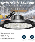 UFO LED High Bay Lights 200W 30000 Lumens 5000K Six Pack With Plug for warehouse installed in large industrial space.