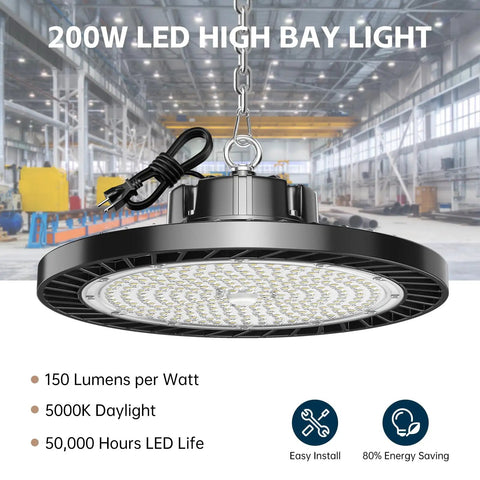 UFO LED High Bay Lights 200W 30000 Lumens 5000K Six Pack With Plug for warehouse installed in large industrial space.