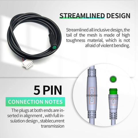 Ebike LED LCD Display Cable 5pin JULET Female Plug And Play Waterproof Connector 56.3 Inch 1430mm Length For Electric Bicycle Dashboard Display Replacement Kit For Easy Upgrade